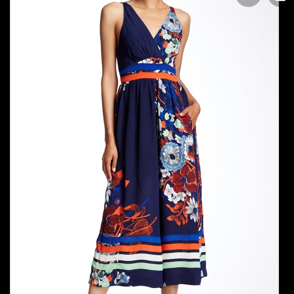 Anthropologie Navy Floral Sleeveless Jumpsuit with Coral & Green Accents